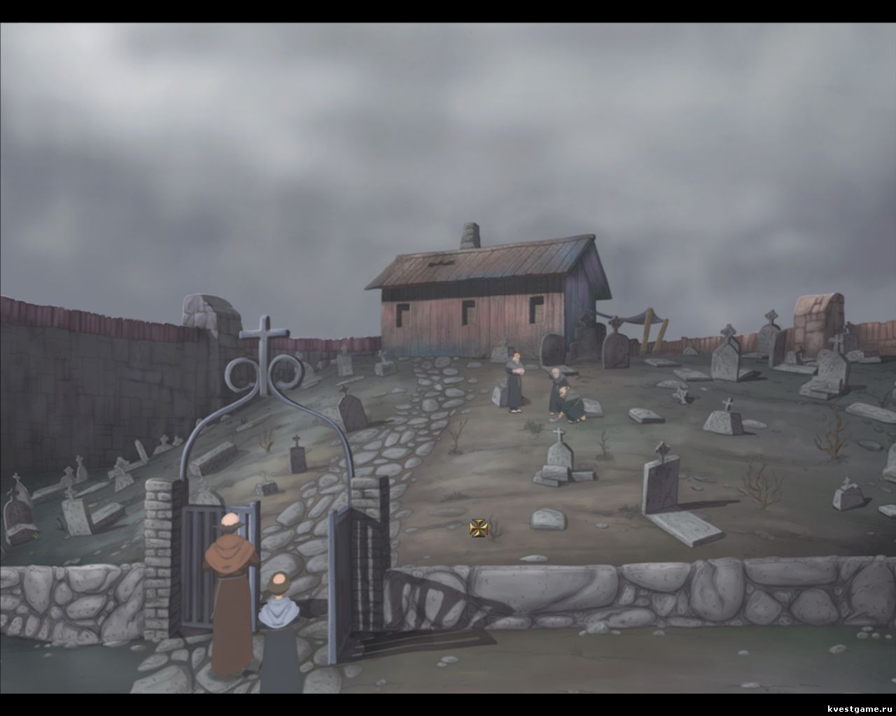 Николай, Эгидий и Аркадио у могилы Screenshot из игры Murder in the Abbey - локация Кладбище (глава 4)