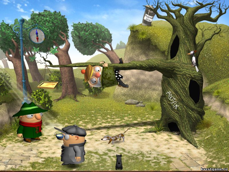 Такса играет солнечными лучами Screenshot из игры Братья Пилоты 3D-2. Тайны Клуба Собаководов - локация Вольеры (дерево с экзаменатором)